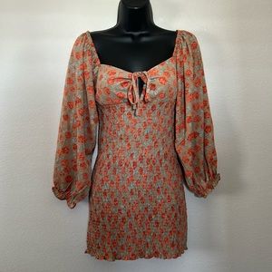 Blush J Smocked Floral Print Puff Sleeve Tie Keyhole Bust Tan and Red Mini Dress